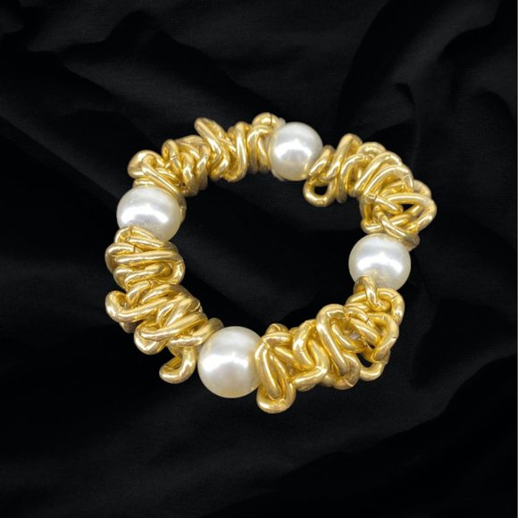 Bracelet, Gold Toned Mesh with Four Large Faux Pearls - Picture 3 of 4